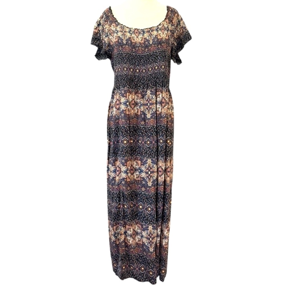 Soft Surroundings Short Sleeves Smocked Waist Scoop Neck Bohemian Large Petite